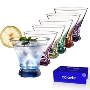 colovie martini glasses set of 6(8oz) - stemless martini glass- colored cocktail glasses - margarita glasses - espresso martini glass cups- home bar - party,birthday,housewarming gift