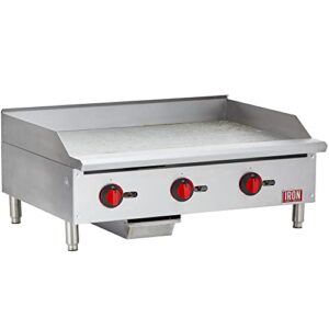 iron range irmg-36 36' x 21' countertop commercial gas commercial griddle with manual control and three burners, 90,000 btu, etl listed