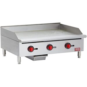 iron range company irtg-36 36" x 21" countertop commercial gas commercial griddle with thermostatic control and three burners, 90,000 btu, etl listed