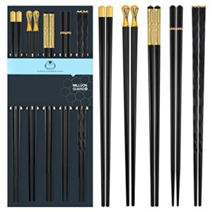 chopsticks reusable dishwasher safe, 9.6 inch/24.3cm matte non-slip japanese chinese chop sticks, fiberglass, black&gold-5 pairs