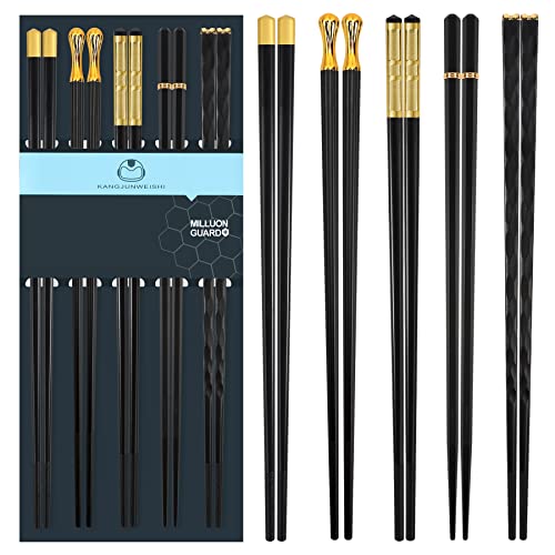 Chopsticks Reusable Dishwasher Safe, 9.6 inch/24.3cm Matte Non-Slip Japanese Chinese Chop Sticks, Fiberglass, Black&Gold-5 Pairs