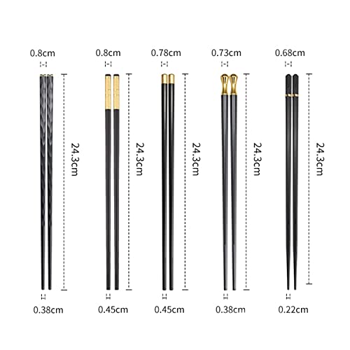 Chopsticks Reusable Dishwasher Safe, 9.6 inch/24.3cm Matte Non-Slip Japanese Chinese Chop Sticks, Fiberglass, Black&Gold-5 Pairs