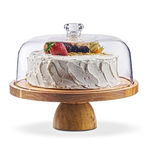 Cake Stand with Acrylic Dome Lid 2-in-1 Multifunctional Round Shatterproof Dessert Table Display Set with Acacia Wood Serving Platter, Veggie Tray, Fruit Bowl, Donut Stand, Nachos Plate by Homesphere