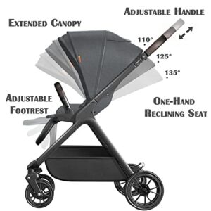 newyoo Baby Stroller, Baby Reversible Stroller, Standard Stroller, Parent or Forward Facing, One-Hand Recline, Compact Fold, Extendable Canopy, Cushion, Mosquito Net, Wrist Strap(Include) Grey