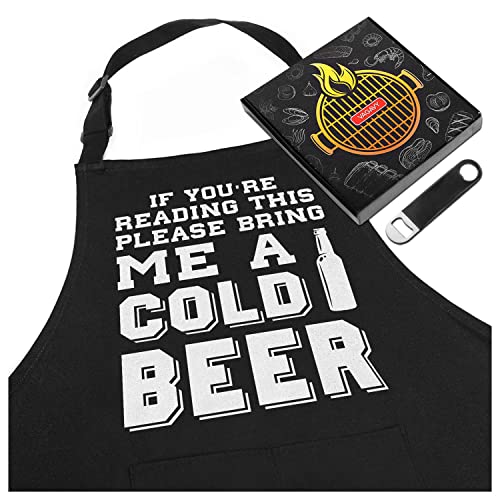 VAGAVY - Funny BBQ Apron for Men with Pockets - Bottle Opener and Gift Box Included - Black Barbeque Man Aprons, Dad, Husband - Birthday, Father’s Day Grilling Gifts for Papa, Husband