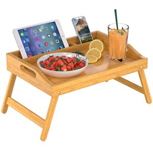 bed tray table with handles folding legs,bamboo breakfast food tray with media slot,use as platter,laptop desk,snack,tv tray kitchen serving tray(beige,medium)