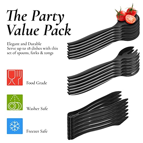 Disposable Plastic Serving Utensils - 6 Each 6" Serving Tongs, 10” Serving Spoons, 10” Serving Forks (Set of 18 – Black)