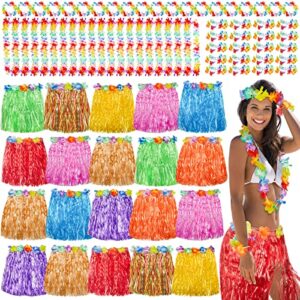 20 pieces grass skirts hawaiian hula skirts with 20 garland tropical with 40 garland wristbands with 20 summer beach headband leis luau party favor summer beach vacation costume set for women kids