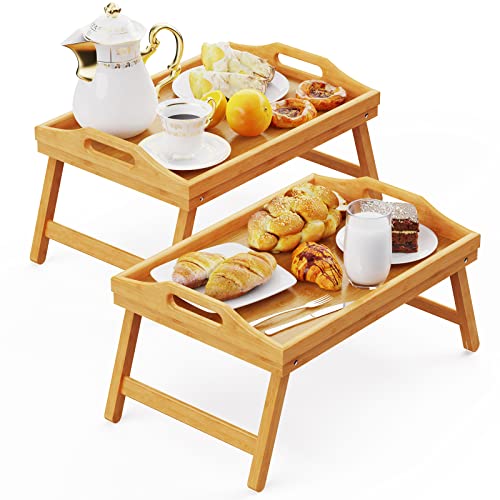 Easoger 2 Pack Bed Trays for Eating, Breakfast Tray with Handles, Bamboo Bed Tray Table with Folding Legs, Food Trays Fits for Adult Kids Eating Snack and Laptops TV