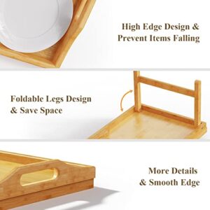 Easoger 2 Pack Bed Trays for Eating, Breakfast Tray with Handles, Bamboo Bed Tray Table with Folding Legs, Food Trays Fits for Adult Kids Eating Snack and Laptops TV