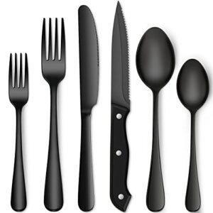 48-piece matte black silverware set with steak knives for 8, food-grade stainless steel flatware set, includes spoons forks knives, kitchen cutlery for home office restaurant hotel
