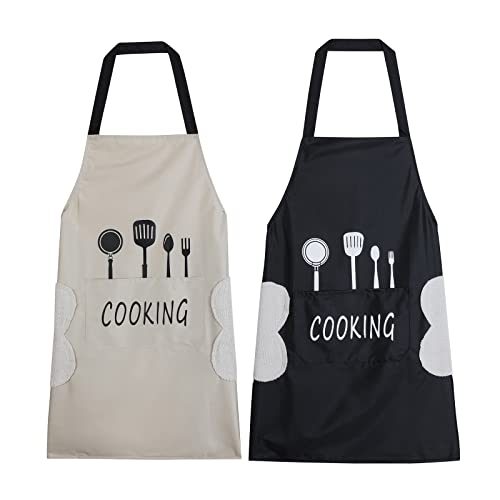 Agirlvct 2 Pack Kitchen Apron with Hand Wipe,Water-drop Resistant with 2 Pockets Cooking Bib Aprons for Mother Women Men Chef Coffee Restaurant (Black&Beige)