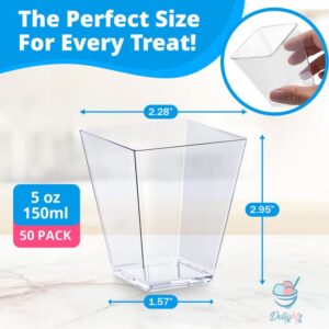 Delightz [50 Pack 5.Oz Small Clear Plastic Dessert Cups, Disposable Mini Square Appetizer/Shooter Cup For Parfait, Desserts, Pudding, Yogurt, Snacks, 2.28" x 2.95" x 1.57"