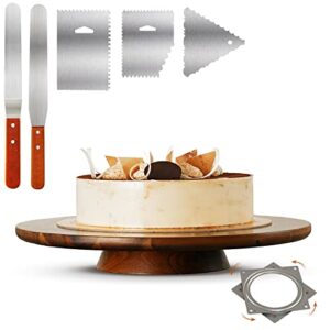 rabaha 13" acacia cake stand rotating – rustic cake stand set turntable with 2 icing spatulas, 3 smoothers – wooden revolving spinner cake decorating supplies - use at parties, wedding (acacia wood)
