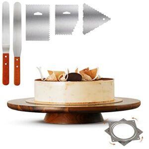 RABAHA 13" Acacia Cake Stand Rotating – Rustic Cake Stand Set Turntable with 2 Icing Spatulas, 3 Smoothers – Wooden Revolving Spinner Cake Decorating Supplies - Use at Parties, Wedding (Acacia Wood)