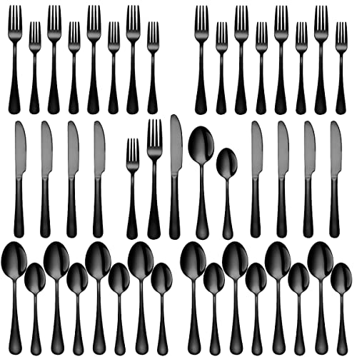 Black Silverware Set, SuperCook 40 Piece Flatware Set for 8, Stainless Steel Cutlery Eating Utensils, Mirror Finish Tableware include Knife Fork Spoon, Dishwasher Safe for Daily Used