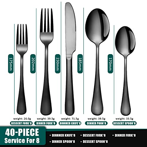 Black Silverware Set, SuperCook 40 Piece Flatware Set for 8, Stainless Steel Cutlery Eating Utensils, Mirror Finish Tableware include Knife Fork Spoon, Dishwasher Safe for Daily Used