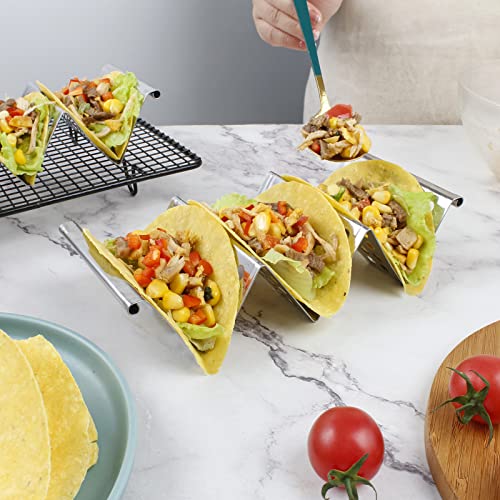 4 Pack Stainless Steel Taco Holders, Premium Taco Stands, Holds 2 Or 3 Tacos Each Taco Tray, Taco Rack With Easy-Access Handle, Food Grade Taco Plate Shells Oven & Grill Safe, BPA Free(Hollow)