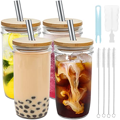 zunmial 4 Pack Smoothie Cup, Boba Cup, 24oz Mason Jar with Lid and Straw, Mason Jar Cups, Bubble Tea Cups, Mason Jar Drinking Glasses