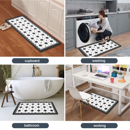 Artnice Anti-Fatigue Kitchen Mats 2 Piece, Modern Geometric Criss Cross Pattern Kitchen Rugs, Ergonomic PVC Memory Foam Kitchen Floor Mats for Standing Sink, Bathroom, Laundry, Black and White