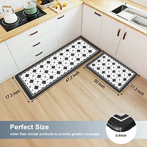 Artnice Anti-Fatigue Kitchen Mats 2 Piece, Modern Geometric Criss Cross Pattern Kitchen Rugs, Ergonomic PVC Memory Foam Kitchen Floor Mats for Standing Sink, Bathroom, Laundry, Black and White