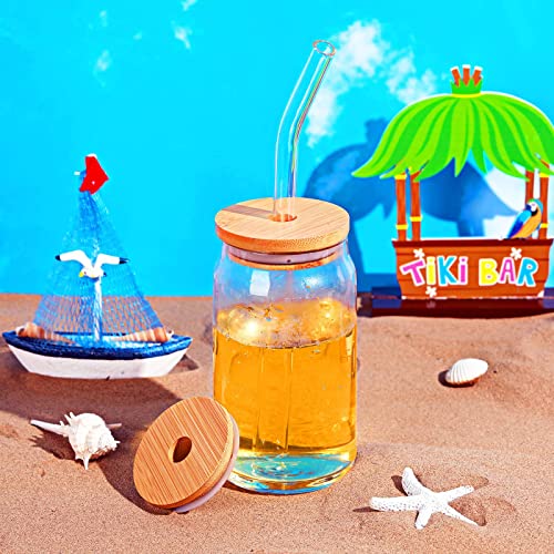 16oz Beer Glasses Lids with Straw Hole Drinking Glass Cups Anticorrosion Beer Can Cups Lids Bamboo Lids Include Reusable Glass Straight Curved Straw and Brush for Drinking Glasses (10 Pieces)