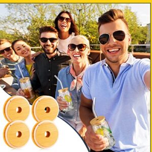 16oz Beer Glasses Lids with Straw Hole Drinking Glass Cups Anticorrosion Beer Can Cups Lids Bamboo Lids Include Reusable Glass Straight Curved Straw and Brush for Drinking Glasses (10 Pieces)