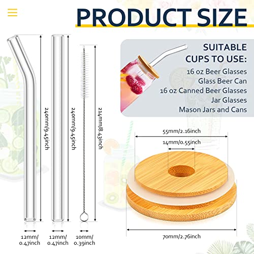 16oz Beer Glasses Lids with Straw Hole Drinking Glass Cups Anticorrosion Beer Can Cups Lids Bamboo Lids Include Reusable Glass Straight Curved Straw and Brush for Drinking Glasses (10 Pieces)