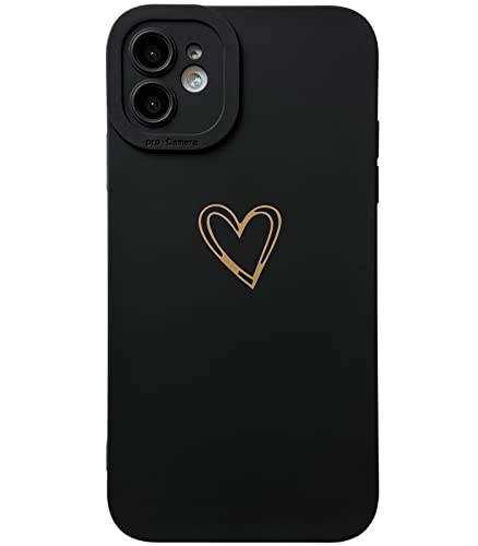 Qokey for iPhone 11 Case 6.1" 2019, Side&Back Cute Plated Love Heart with Anti-Fall Lens Cameras Cover Protection Soft TPU Shockproof Anti-Fingerprint Phone Cases for Women Girls Men - Black