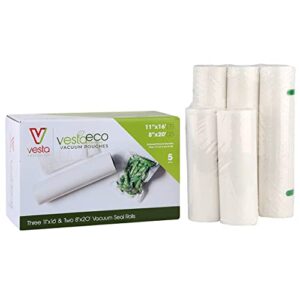 vestaeco commercially compostable vacuum seal rolls | embossed | 8 inches x 20 feet (2 vacuum seal rolls) | 11 inches x 16 feet (3 vacuum sealer rolls)