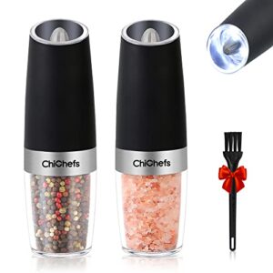 electric gravity salt and pepper mill set, automatic salt and pepper mill grinder, battery operated with white led light, adjustable coarseness, one handed operation, matte black by chichefs