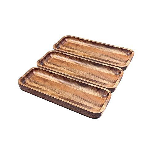 Acacia Wood Serving Trays, Set of 3 Wooden Serving Platters for Home Decor, Food, Cheese, Fruit, Vegetables, Charcuterie, Appetizer Serving Tray(11.8 x 5.1 x 0.78 inches)