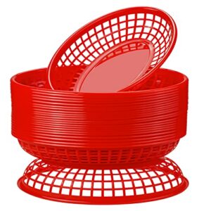 gothabach 24 pack fast food baskets, plastic fast food restaurant baskets, bread fry baskets serving tray for hot dogs, chicken, burgers, sandwiches, fries (red)