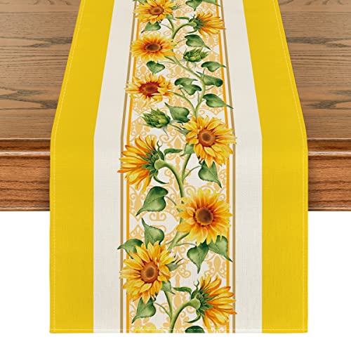 Artoid Mode Yellow Sunflower Summer Table Runner, Seasonal Spring Kitchen Dining Table Decoration for Home Party Decor 13x72 Inch