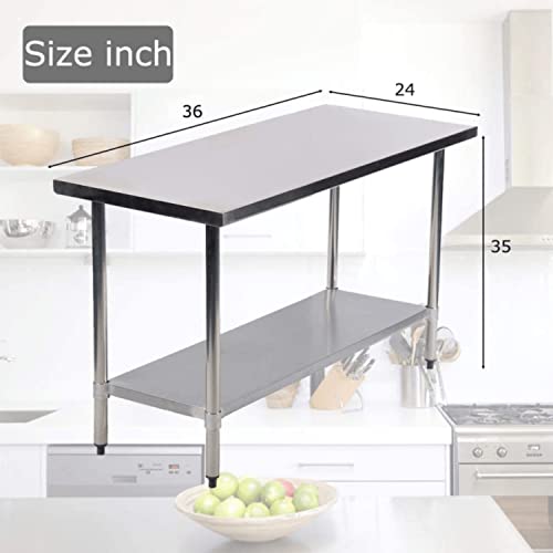 Stainless Steel Table Kitchen Prep Table Work Table with Adjustable Shelf Metal Commercial Worktable Kitchen Utility Dinning Table for Restaurant, Garage, Home and Hotel, 24"x36"