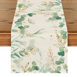 artoid mode beige greenery eucalyptus summer table runner, spring seasonal anniversary holiday kitchen dining table decoration for indoor outdoor home party decor 13 x 72 inch