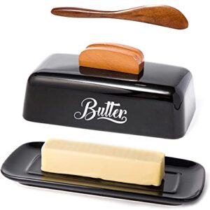 butter dish with lid and knife ceramic butter holder for counter humanized clamp-able knife handle design, perfect for east west coast butter, black