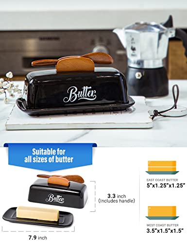 Butter Dish with Lid and Knife Ceramic Butter Holder for Counter Humanized Clamp-able Knife Handle Design, Perfect for East West Coast Butter, Black