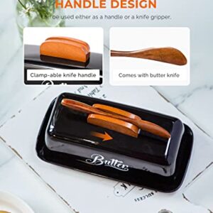 Butter Dish with Lid and Knife Ceramic Butter Holder for Counter Humanized Clamp-able Knife Handle Design, Perfect for East West Coast Butter, Black