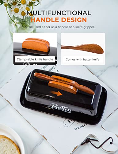 Butter Dish with Lid and Knife Ceramic Butter Holder for Counter Humanized Clamp-able Knife Handle Design, Perfect for East West Coast Butter, Black