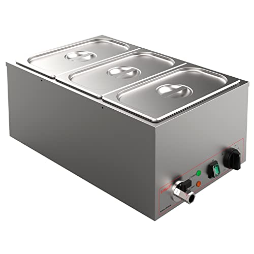 Valgus Commercial Grade Stainless Steel 3 Sections 17 Qt Bain Marie Food Warmers Electric Countertop Steamer with Lid and Tap for Parties, Banquet and Catering Events