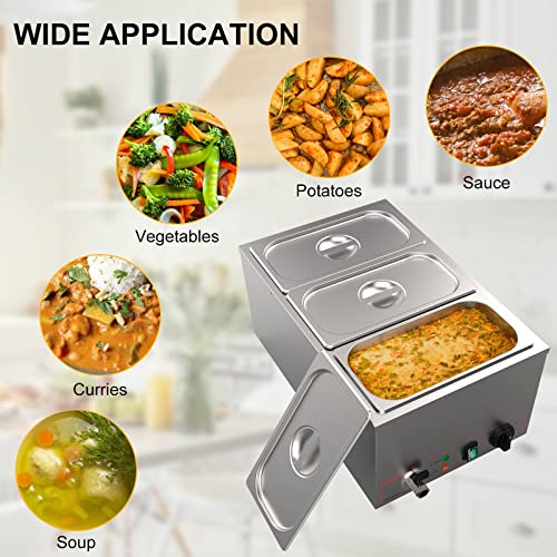 Valgus Commercial Grade Stainless Steel 3 Sections 17 Qt Bain Marie Food Warmers Electric Countertop Steamer with Lid and Tap for Parties, Banquet and Catering Events