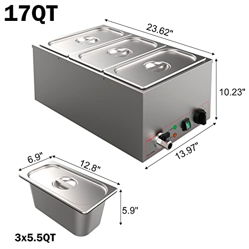 Valgus Commercial Grade Stainless Steel 3 Sections 17 Qt Bain Marie Food Warmers Electric Countertop Steamer with Lid and Tap for Parties, Banquet and Catering Events