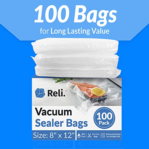 Reli. Vacuum Sealer Bags 8x12 in. | 100 Bags | Pre-Cut Embossed Vacuum Bags for Food | BPA Free | Vacuum Seal Bags for Sous Vide, Food Freezer Storage/Food Prep | Quart Size, Clear