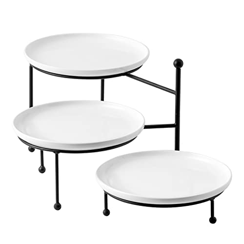 Kanwone 3 Tiered Serving Stand with White Porcelain Plates, Swivel Food Display Stand, 10" x 10" Tier Serving Trays with Black Metal Stand for Entertaining, 3 Tier Dessert Stand