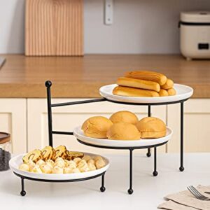 Kanwone 3 Tiered Serving Stand with White Porcelain Plates, Swivel Food Display Stand, 10" x 10" Tier Serving Trays with Black Metal Stand for Entertaining, 3 Tier Dessert Stand