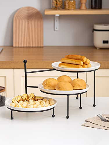 Kanwone 3 Tiered Serving Stand with White Porcelain Plates, Swivel Food Display Stand, 10" x 10" Tier Serving Trays with Black Metal Stand for Entertaining, 3 Tier Dessert Stand