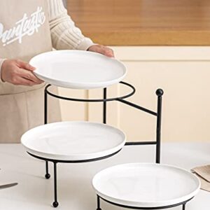 Kanwone 3 Tiered Serving Stand with White Porcelain Plates, Swivel Food Display Stand, 10" x 10" Tier Serving Trays with Black Metal Stand for Entertaining, 3 Tier Dessert Stand