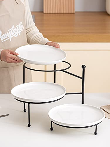 Kanwone 3 Tiered Serving Stand with White Porcelain Plates, Swivel Food Display Stand, 10" x 10" Tier Serving Trays with Black Metal Stand for Entertaining, 3 Tier Dessert Stand