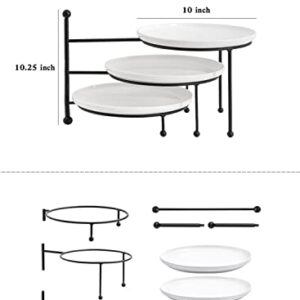 Kanwone 3 Tiered Serving Stand with White Porcelain Plates, Swivel Food Display Stand, 10" x 10" Tier Serving Trays with Black Metal Stand for Entertaining, 3 Tier Dessert Stand